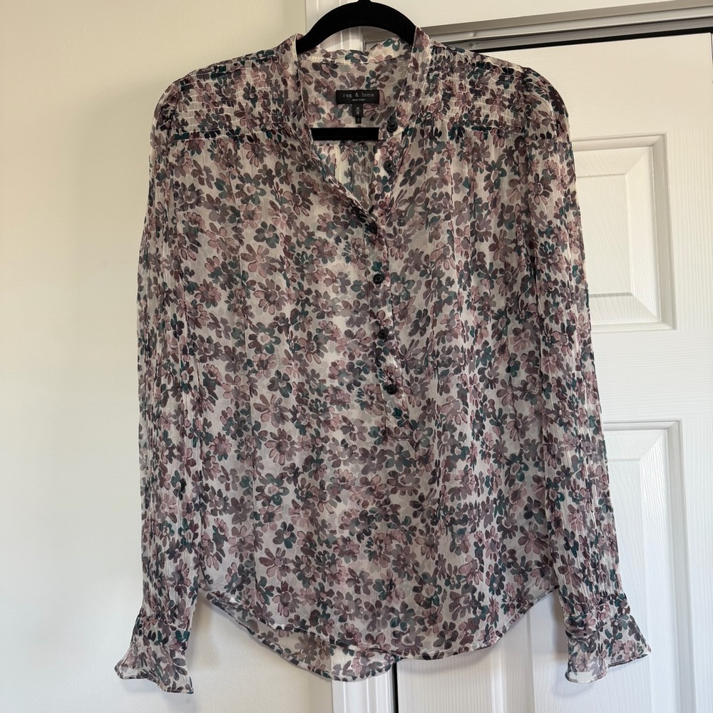 Rag & Bone Floral Long Sleeve Sheer Blouse Silk Size Medium